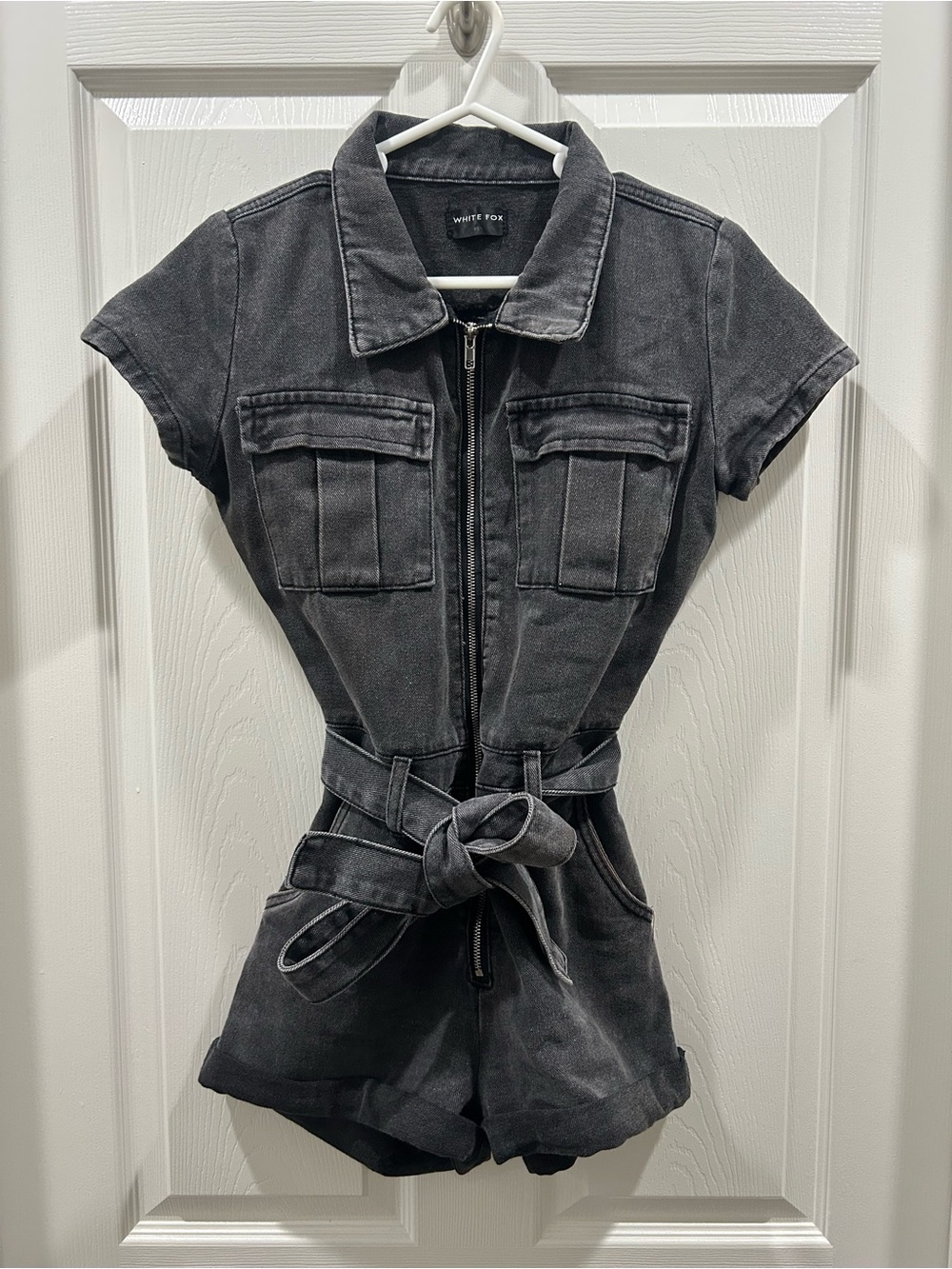 White Fox Black Short-Sleeve Denim Romper Jacket with Tie Waist